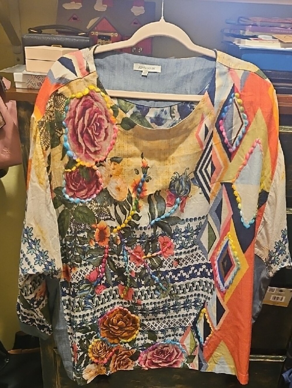 John Mark Top Shirt Blouse Size  Embroidered 3/4 Sleeves Floral Garden Sz 3X NWT